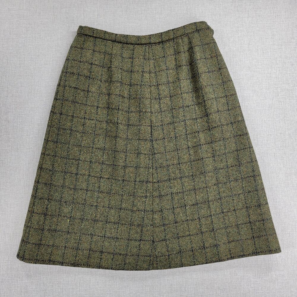Vintage Womens Skirt Sage Green Wool Tweed Windowpane Check A-Line Career Work